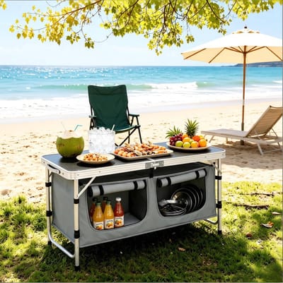 Campingtafel - Opvouwbaar Met Verstelbare Hoogte En Opbergzak - Voor Camping Picknick En Tuin - Aluminium MDF - 120x47x62/69,5 Cm - Zwart Grijs