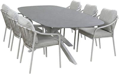 7-delige tuinset | 6 Parijs tuinstoelen (Latte) | Tuintafel Barletta 240x115cm (Desert Pearl/Camel)