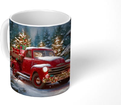 Mok - Koffiemok - Kersttruck - Sneeuwbos - Rood - Mokken - 350 ML - Beker - Koffiemokken - Theemok