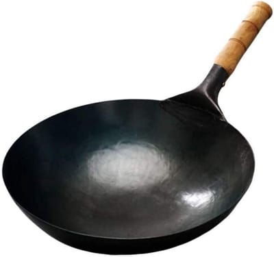 Gietijzeren Wokpan - Traditionele Koekenpan - Snel Koken - Ongecoate Antiaanbaklaag - 30cm Diameter - Zwart