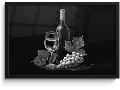 Poster in lijst - Fotolijst 60x40 cm - Posters - Wijnfles - Glas - Druiven - Bladeren - Posterlijst zwart - Decoratie - Wanddecoratie woonkamer - Muurdecoratie slaapkamer