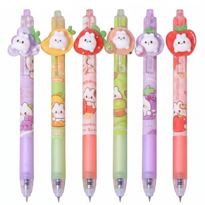Ainy Fruitig 3D konijn uitwisbare pen set | 6 uitgumbare pennen voor etui , pennenzak of pennenbak | Blauw Inkt | Ergonomische soft grip | Ideale manga anime teken balpennen | Uitgumbare kawaii gelpennen schrijfwarenset voor kinderen en volwassenen