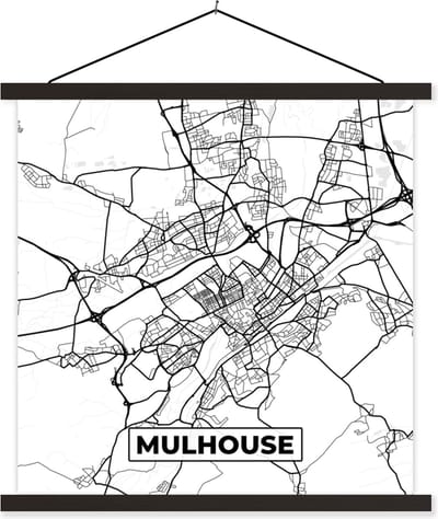 Posterhanger incl. Poster 60x60 cm - Schoolplaat - Kaart - Plattegrond - Frankrijk - Mulhouse - Stadskaart - Zwart wit - Textielposter - Zwarte latten - Stadskaart