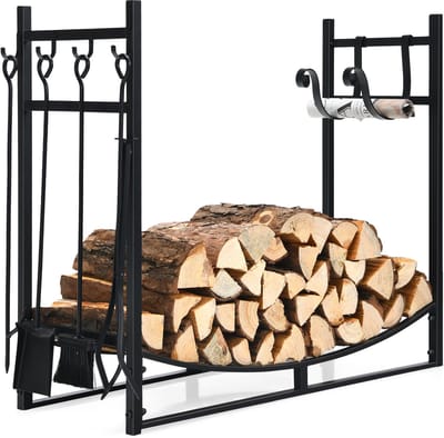 COSTWAY Brandhoutrek met 4 haardbestek en aanmaakhouthouders, brandhoutrek voor binnen en buiten, brandhoutrek van metaal, brandhoutstandaard, 90 x 33 x 76 cm