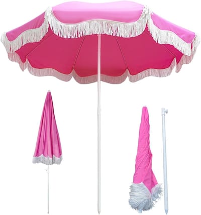 Strandparasol met franje - Zonnescherm buiten - Bescherming tegen zon - UPF50+ UV-bescherming - 180cm breedte - Roze