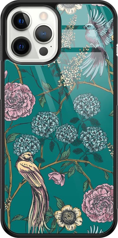 Hoesje geschikt voor iPhone 12 Pro Max - Vogels Japanse bloemen - Luxe Hard Case - Planten - Groen - Mooie Telefoonhoesjes