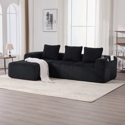 Wishdor - Compacte Bank - Modulair Met Zijvakken En Bekerhouders - Retro - Woonkamer - Ribcord - Zwart - 253 x 158 x 61 cm