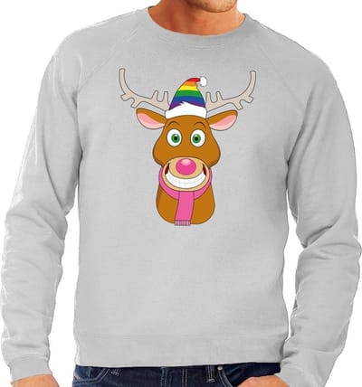 Foute kersttrui - Gay Rudolf het rendier - grijs - voor heren - met regenboog kerstmuts S