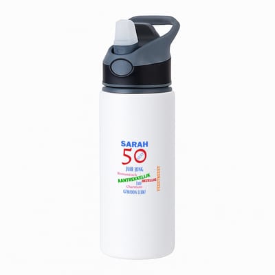 Hacebo® - sarah 50 jaar jong waterfles met rietje zwart - 49+1 - mensen die 50 zijn geworden - 50 jaar Sarah en Abraham cadeau - Jubileum man en vrouw - Verjaardags - Grappige tekst - Jarig - Verjaardag - water fles - 650ML