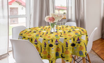ABAKUHAUS Ghost Ronde Tafelkleed, Halloween Elementen Cartoon, Cirkel Tafelkleed Hoes voor Keukendecoratie in de eetkamer, 150 cm, Meerkleurig