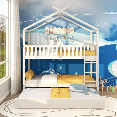 Kinderbed Uittrekbaar - Huisbed Tienerbed - Ruimte Besparen - Drie Configureerbare Bedden - 90x200 cm - Wit