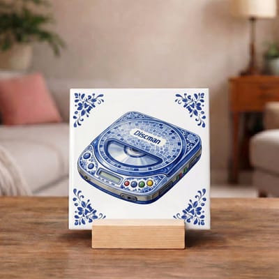 Delftsblauw Tegeltje 11x11 Discman met CD – Retro Muziek Cadeau en Wanddecoratie