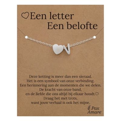 Letter V Armband op Cadeau Kaartje - Een letter, een belofte - 15,5cm + 5,5cm verstelbaar Zilverkleurig Stainless Steel - Initiaal & Hartje Hanger - Pax Amare