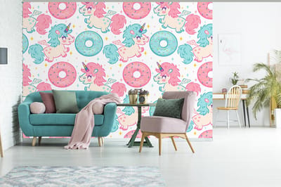 Behang - Fotobehang Eenhoorn - Donut - Baby - Breedte 375 cm x hoogte 300 cm