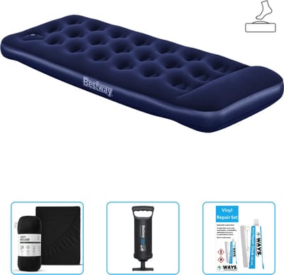 Bestway luchtbed - 1-Persoons - 76 x 185 x 28 cm - Blauw - Inclusief pomp - Hoeslaken - Pomp en Reparatieset