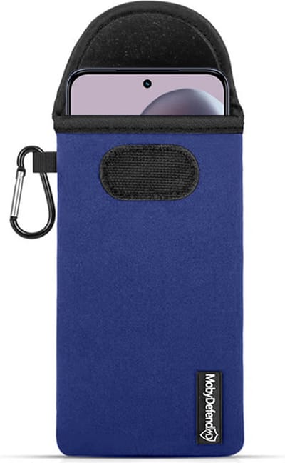 MobyDefend Hoesje - Geschikt voor Motorola Edge 50 Neo / Edge 60 Neo - Neopreen Pouch Met Karabijnhaak - Insteek - Riemlus - Blauw