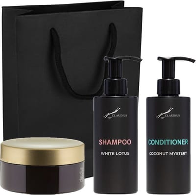 Douchepakket - Shampoo White Lotus + Coconut Conditioner + Scrubzout 300 gram - 300 ml per fles - set van 3 stuks - met luxe gift tas - cadeau - giftset voor hem en haar