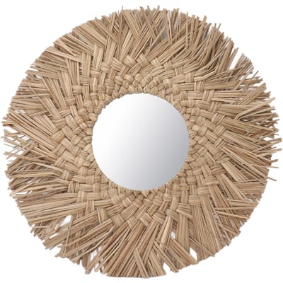 Stro Weven Wandspiegel Retro Mooie Geweven Wandhanger Spiegel voor Slaapzaal Decoratie Natuur beige