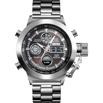 SKMEI 1515 Heren Quartz Horloge 3ATM Waterbestendig Dubbele Weergave Polsband zilver
