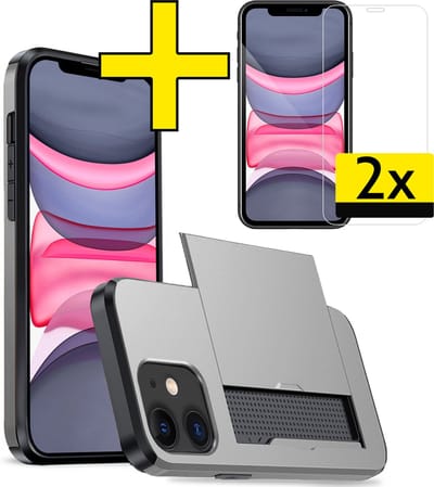 Hoesje Geschikt voor iPhone 11 Hoesje Case Pashouder Hard Cover Met 2x Screenprotector - Hoes Geschikt voor iPhone 11 Hoesje Met Kaarthouder - Grijs