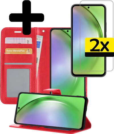 Hoesje - Met 2x Screenprotector - Geschikt voor Samsung Galaxy A54 - Luxe Pasjeshouder - Bookcase Portemonee - Flip Case - Kunstleer Book Case - Flipcase Hoes - Book Cover - Walletcase - Portemonneehoes - Telefoonhoesjes - Rood