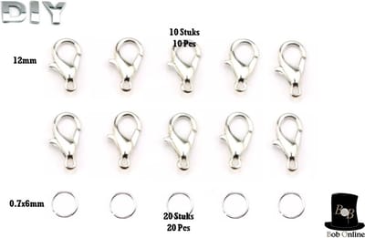Bob Online ™ - 10 Stuks – Zilverkleurige – 12 mm – Karabijnsluitingen + 20 Stuks – Buigringen 0.7*6 mm – 10 Pieces – Silver Lobster Claw Clasps + 20 Pcs 0.7*6 mm Open Jump Rings – Karabijnsluitingen – Buigringen – Sieraden Maken – Reparatie Kit