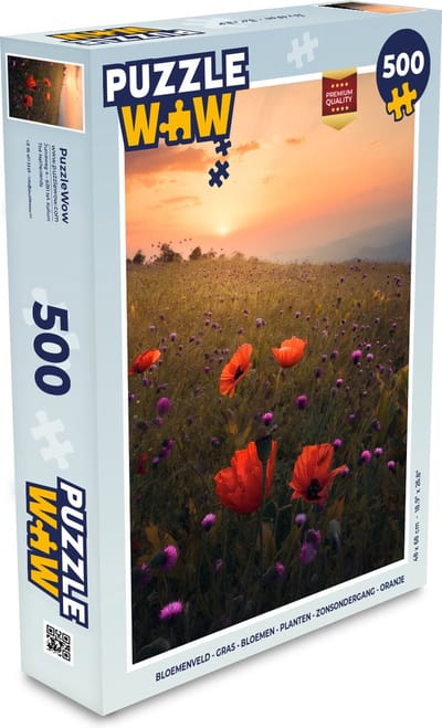 Puzzel Bloemenveld - Gras - Bloemen - Planten - Zonsondergang - Oranje - Legpuzzel - Puzzel 500 stukjes