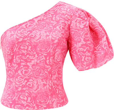 Gimme - Floral Print One-Shoulder Top – Asymmetrische Zomerse Top – Elegante Top met Bloemenprint - Rose Red- Maat S