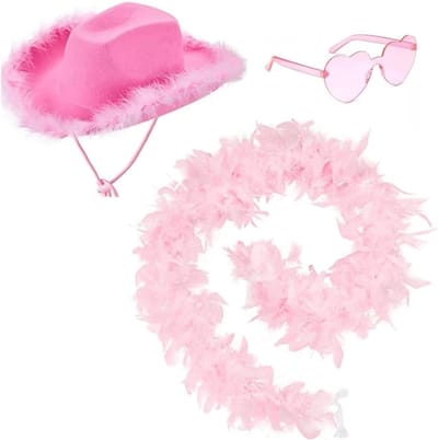 Brede Hoed voor Cowgirls met Hartvormige Zonnebril en Boa - Cowboy Kostuum Accessoires voor Volwassenen en Feestjes