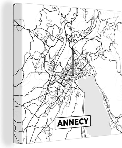 Canvas Schilderij Frankrijk - Kaart - Plattegrond - Annecy - Stadskaart - Zwart wit - 20x20 cm - Wanddecoratie