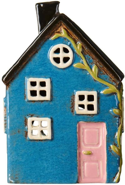 Ib Laursen - Keramieken Huisje Nyhavn - Blauw met roze deur - Waxinelichthouder