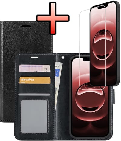 Hoesje - Met Screenprotector - Geschikt voor Apple iPhone 16e / 17e - Luxe Pasjeshouder - Bookcase Portemonee - Flip Case - Kunstleer Book Case - Flipcase - Book Cover - Walletcase - Portemonneehoes - Zwart