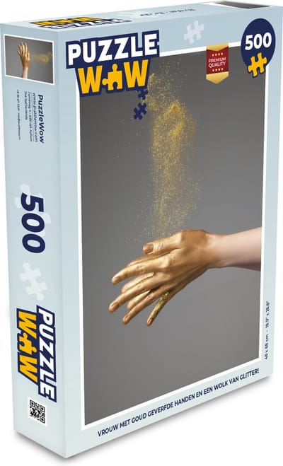 Puzzel Vrouw met goud geverfde handen en een wolk van glitters - Legpuzzel - Puzzel 500 stukjes