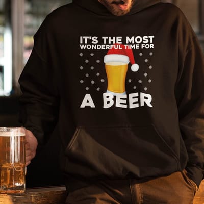 Foute Kerst Hoodie Zwart It's The Most Wonderful Time For A Beer XS - Uniseks Pasvorm - Kerstkleding Voor Dames & Heren