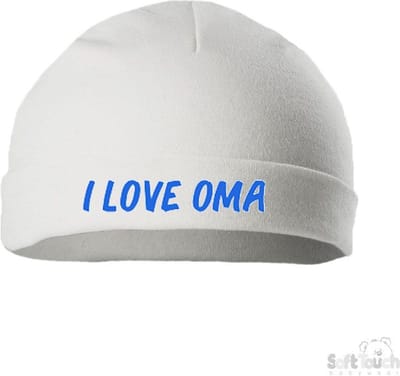 Soft Touch Mutsje Rolmutsje Bedrukt "I Love Oma" Wit/blauw Maat New Born Maat 56