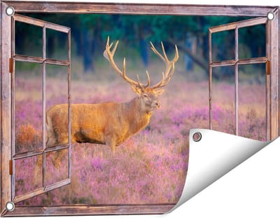 Gards Tuinposter Doorkijk Hert in de Weide tijdens Zonsondergang - 60x40 cm - Tuindoek - Tuindecoratie - Wanddecoratie buiten - Tuinschilderij