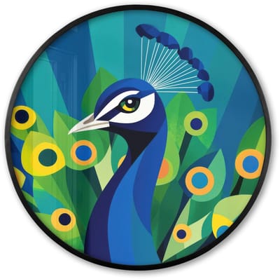 Poster in lijst Rond - Fotolijst 60x60 cm - Posters - Pauw - Cirkels - Blauw - Ronde posterlijst zwart - Decoratie - Wanddecoratie woonkamer - Muurdecoratie slaapkamer