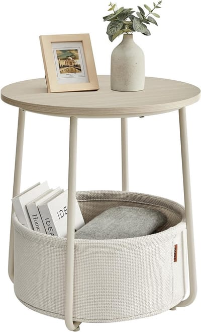 Emvae Ronde Bijzettafel - Salontafel met Stoffen Mand - Opbergruimte - Huisdiermand - Multifunctioneel - 45 x 50 cm - Crème