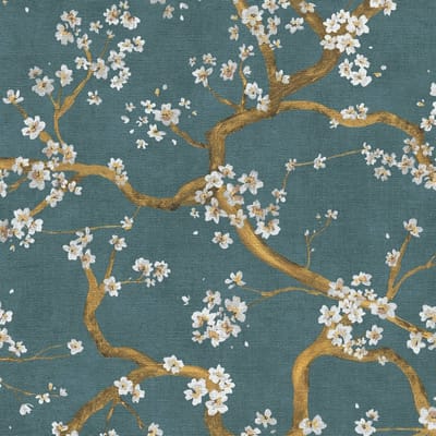 Bloemen behang Profhome 781994-GU vliesbehang hardvinyl warmdruk in reliëf gestructureerd met bloemmotief en metalen accenten blauw petrol goud crèmewit 5,33 m2