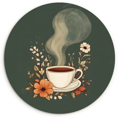 WallCircle® Wandcirkel 120x120 cm - Muurcirkel Kop - Bloemen - Groen - Koffie - Muurdecoratie woonkamer - Wanddecoratie slaapkamer - Kamer decoratie accessoires - Ronde schilderijen XXL