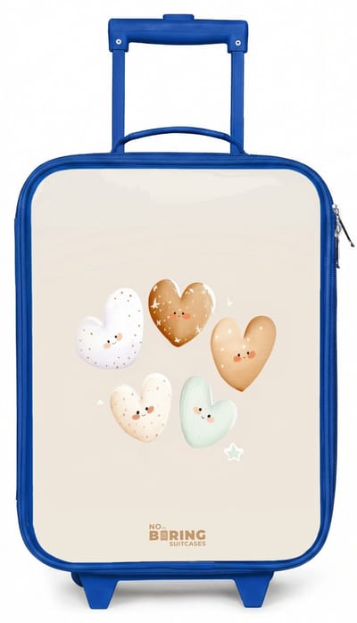 NoBoringSuitcases.com® - Kinderkoffer blauw - Kindertrolley jongen - Hartjes in zachte beige tinten - Koffer kind lichtgewicht - Reiskoffer trolley voor kinderen - Koffertje met lichtgevende wieltjes - Rolkoffer