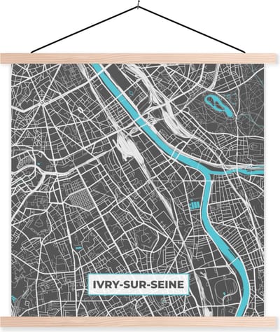Posterhanger incl. Poster 40x40 cm - Schoolplaat - Ivry-sur-Seine - Frankrijk - Kaart - Stadskaart - Plattegrond - Textielposter - Blanke latten - Stadskaart