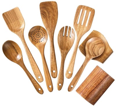 EXCITAT Keukenset - Houten kookgerei - Inclusief antiaanbak houten lepel, houten pollepel en spatel, saladevork en standaard - Set van 9 stuks