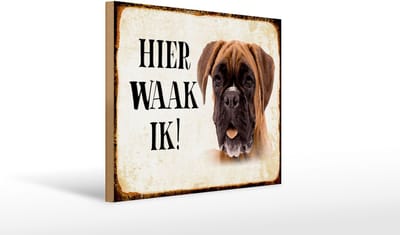 Houten bordje van FEMER 40x30cm met tekst nederlands Hier Waak ik Boxer Hond Decoratie
