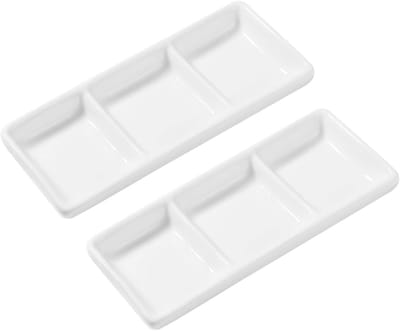 Set van 2 Stuks 6" Witte Keramische Rectangulaire Dinerkommen met 3 Compartimenten voor Sauzen en Specerijen