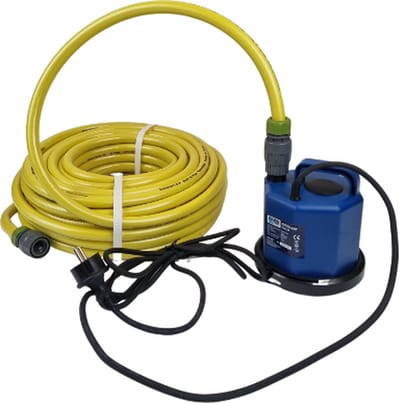 Pond 28 Vlakzuigpomp wateroverlast SET met 5 meter slang Gardena koppeling, 2 meter opvoerhoogte - Startniveau van het water min. 30 mm