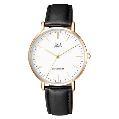 Q&Q Q978J111Y - Horloge - Polshorloge - Analoog - Heren - Mannen - Leren band - Rond - Metaal - Strepen - Zwart - Goudkleurig - Wit