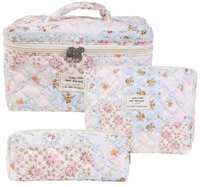 Set van 3 Make-up Tasjes Gewatteerd Bloemen Katoen – Grote Capaciteit Esthetische Cosmetische Tas & Toilettas voor Vrouwen – Reistas Organizer met Ritssluiting -Bloem over het hele oppervlak, 3-delige set [groot + middel + klein]