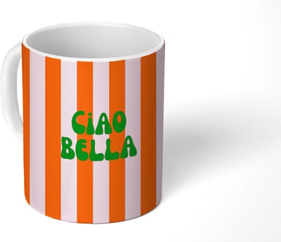 Mok - Koffiemok - Strepen - Oranje - Verticaal - Ciao bella - Mokken - 350 ML - Beker - Koffiemokken - Theemok - Mok met Tekst