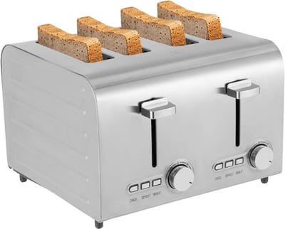 Broodrooster 4 Slices - Rooster Broodmachine - Ontbijt Bereiden - Extra Brede Sleuven - 1500W - Zilver